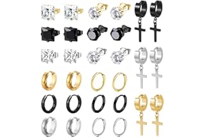 BVLAGIDA 15 Paires Boucle d'Oreille Homme, Boucle d'Oreille Acier Inoxydable, Noir Argent Or Clous d'Oreilles, Boucles d'Oreilles Créole, Boucle d'Oreille Zircon pour Homme Femme