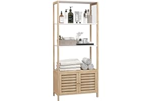 HOMCOM Estantería de Baño de Bambú con 3 Estantes Abiertos Estantería de Almacenaje con Puertas de Lamas 63x30x138 cm Natural y Blanco
