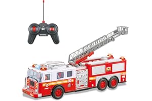 Liberty Imports Big Remote Control RC Fire Truck - Battery Powered 14-Inch Fire Engine with Flashing Lights and Siren Sounds, Extendable Rescue Ladder