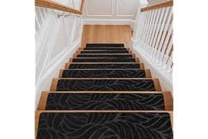 Youyijia 15PCS Anti-Slip Stair Tread Pads - 65x20cm Carpet Stair Treads Mats Self Reused Step Protectors Cover Mat for Kids Elders Pets Stair Carpet Tiles Black (Black)