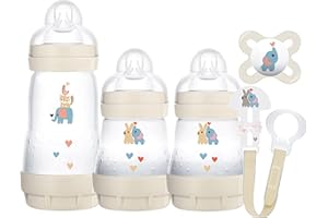 MAM Welcome to The World Set | Baby Gift Set with 3X Feeding Bottles, 0-2 Month Soother and MAM Dummy Clip | Baby Accessories for Newborn | Grey (Various Designs)
