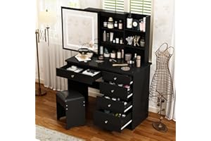 ‎CALDION Caldion Große Schminktisch mit Beleuchtung,Spiegel und Hocker Schminktische Frisiertisch Kosmetiktisch mit 5 Schubladen Regale, Kommode Schlafzimmer Schwarz