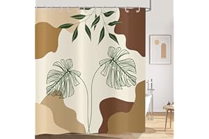 Hnmdmyi Duschvorhang Boho 180x200, Abstrakte Grüne Tropische Blätter Pflanze Beige Badewanne Vorhang Mid Century Modern Minimalistisch Geometrisch Ästhetisch Kunst Wasserdicht Stoff Badevorhang