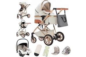 Gcarebb Carrito Bebe 3 en 1, Cochecito Bebe 3 Piezas Con Asiento De Auto, Cochecito con asa regulable en altura, Carricoche Combinado Paisaje Alto Marco de Aluminio Para Recién Nacido 0-3 años