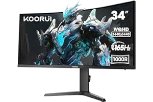 KOORUI 34-calowy Ultrawide Curved Gaming Monitor, PC Screen 165Hz, 1MS, 1000R, WQHD 3440x1440, VA, Adaptive Sync, 2xHDMI 100Hz & Display Port 165Hz, VESA 75 * 75mm, DCI-P3 90%, regulowana wysokość