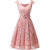 Meetjen Women's Short Bridesmaid V-Neck Floral Lace Dress Cocktail Formal Swing Dress with Cap Sleeves