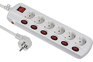 Electraline 62503 Power Extension (listwa zasilająca z 6 gniazdami, 6-krotny, przełącznik ogólny – sekcja 3 G1 mm², kabel 1,5 m) biały