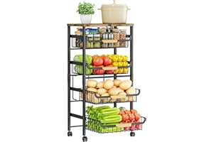OrderlyGo 5-Tier Küchenwagen mit Rollen - Gemüseregal mit Holzplatte, stapelbaren Körben & 4 Lenkrollen (2 feststellbar), mobiler Servierwagen für Küche, Vorratsraum, Büro (Schwarz)