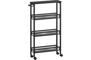 VASAGLE Desserte 4 Niveaux, Étagère de Cuisine Fin avec roulettes, Cadre en Acier, Poignée, Petit Espace, 13 x 45,4 x 77 cm, Salle de Bain, Salon, Bureau, Noir Boisé et Noir LRC032B04