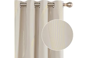 Deconovo Blackout Eyelet Curtains Thermal Insulated Gold Wave Line Foil Printed Curtains for Bedroom 46x90 Inch Beige 2 Panels