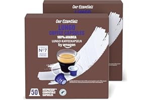 by Amazon Capsules de Café en Plastique Lungo Compatibles Nespresso, Torréfaction Moyenne, 100 Unités (2 Paquets de 50) – Certifiées Rainforest Alliance