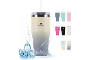 SANTECO Kaffeebecher to go 590ml, Thermobecher mit Strohhalm und Deckel, Isolierbecher aus Doppelwandiger Edelstahl Vakuum, Tragbare Autobecher Tumbler Cup für Heißer und Kalter Getränke