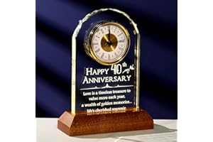 Arikyrist Happy 40th Anniversary Wedding Quartz Clock Crystal Keepsake Gifts, 40 Years of Marriage Glass Plaque with LED Light Stand Wedding Presents Home Ornament