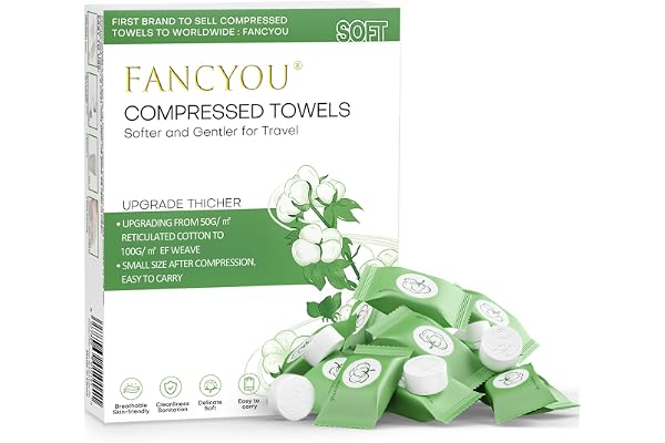 Fancyou Serviette Compressée Jetable 100Pcs, Compressed towels Ultra-douce, 100% Biodégradable Serviette Visage Voyage,Mini Chiffons de Nettoyage Comprimés,Peu Encombrant,Torchon,Absorbant(Vert)