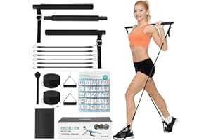 HUUPPHIP Pilates Bar Set mit 6 Widerstandsbänder, Fitness Stange 3 Stück Stick Fitnessbänder für Zuhause Squat Yoga Pilates, Widerstandsbänder Krafttraining Resistance Bands mit Griffe,Türanker & Fußschlaufen