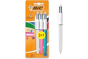 BIC 4 Couleurs Shine Stylos-Bille Rétractables Pointe Moyenne (1,0 mm) - Corps Assortis Métallisés, Blister de 2+1