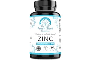 Zinc Tablets 25mg – Zinc Tablets High Strength for Maintenance of Normal Immune System, Hair, Skin, Nails & Bones Zinc Supplements - 180 Vegan Tablets – Made in The UK by Fresh Start Nutrition