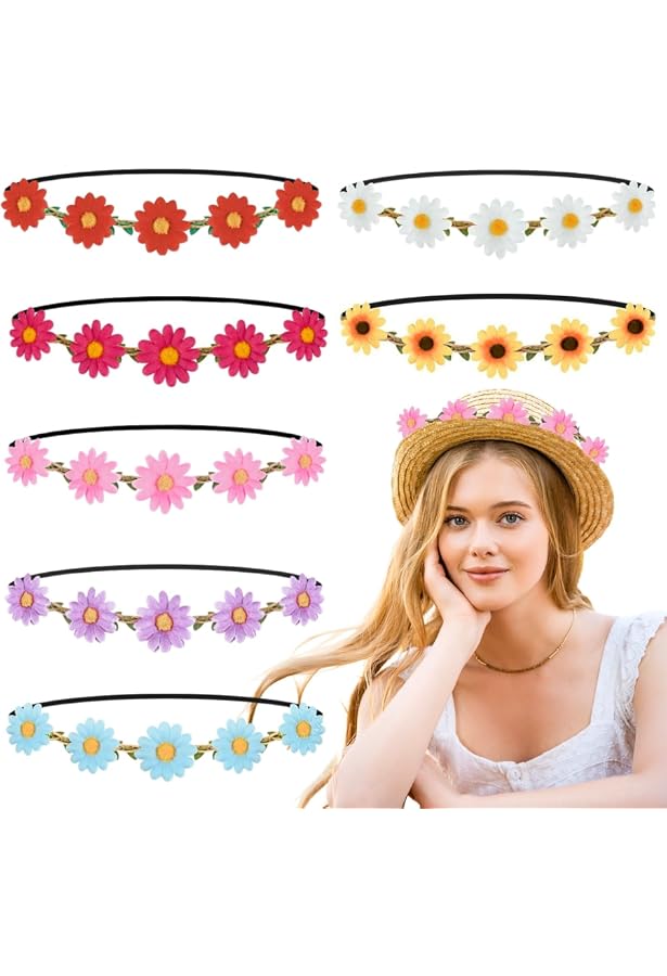 TSHAOUN Gänseblümchen Blumenkränze, 5 Stück – Justierbares Gummiband, Für Hochzeit, Party, Fotoshooting, 48-50 Cm