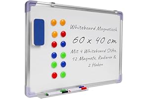 KRUMAD Magnetic Whiteboard 60 x 40 cm - Magnetic Board with Accessories - Wipe-Clean Writing Board with Metal Frame - Includes 4 Whiteboard Pens, 12 Magnets, Erasers and 2 Hooks - For Office and