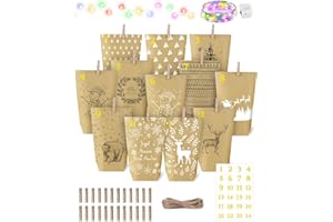 GRANDFUN Adventskalender zum Befüllen - mit 24 braunen Geschenktüten und 24 Zahlenaufklebern