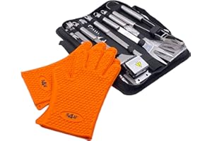 Masters & Burrell BBQ Grill Tool Set with Carry Case, Stainless Steel Barbecue Accessories with Storage Bag, Complete Premium Outdoor BBQ Utensil Set (BBQ Set with Silicone Gloves)