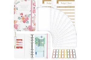 TAOPE Planer budżetowy, segregator A6, organizer na pieniądze, z miękką kieszenią, segregator, notatnik A6, planer budżetu, z przegródkami na pieniądze, różowo-biały z różami