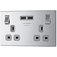 BG Electrical Screwless Flat Plate Double Switched Fast Charging, Power Socket with Two USB Charging Ports, 13 A, Polished Chrome with Grey Inserts
