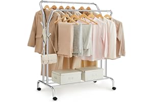 SONGMICS Burro para Ropa, con Ruedas, Perchero Burro con Doble Barra, Estructura de Tubo de Acero, Carga Máx. De 100 kg, Ancho de 103,5 cm, Almacenaje Multifuncional, Plata HSR107E01