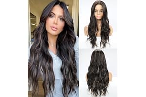 LEMEIZ Dark Brown Synthetic Wigs with Blonde Highlights Wigs for Women Long Beachy Weave Dark Wigs Middle Part 22 inch LEMEIZ-135
