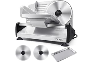 TOKASS 200Watt Elektrischer Allesschneider Edelstahl - Verstellbare Küchenmaschine 0 bis 15mm - 2 Klingen - Wurstschneidemaschine - Brotschneidemaschine, Schinkenschneider, Elektrisches Messer Fleisch & Käse