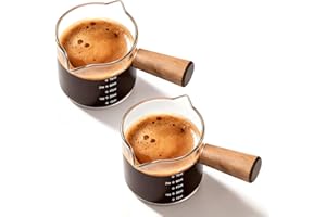 YARRAMATE Espresso Cups with Wood Handle, Clear Glass Espresso Accessories, Glass Measuring Cup with Dual Scale, Measuring Shot Cup with V-Shaped Spout, 3.4 OZ / 100 ML (2 Pack Double-Spout)