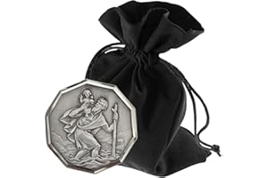 LUNEXUS Aimant de Voiture octogonal de 3 cm de diamètre - Béni avec Certificat - Plaque de Saint Christophe - Conducteur Patron - Tampon adhésif et Aimant - Porte-Bonheur de Voiture octogonal