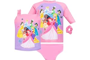 Disney Princess Girls Swim Set | Rapunzel Ariel Jasmine Swimming Costume | 4 Piece Childrens Swimwear Set