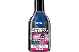 NIVEA - Eau Micellaire Waterproof - Visage, Yeux, Lèvres - Nettoie Les Pores & Démaquille - Doux Pour Les Cils - Micelles, Acide Aminé & Extraits De Thé Noir - Vegan - Tous Types De Peaux - 400 ml