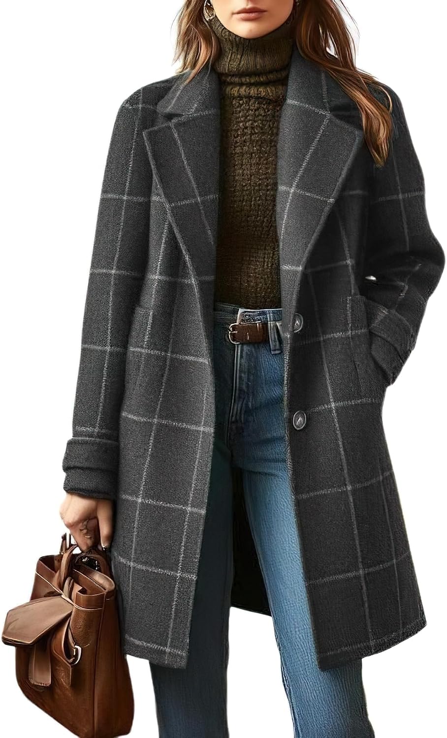 Women's Retro Plaid Lapel Coat, Mid-Length Casual Elegant Outerwear for Autumn Winter