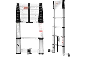 Teleskopierbare Leiter 3.8m, BOWEITI Erweiterung Schritt Leiter EIN-Knopf-Retraktion, Aluminium zusammenklappbare Leiter Slow Down Design für Home RV Loft, 330 lbs Max Kapazität