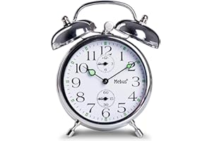 Mebus mechaniczny alarm dzwonkowy, nostalgia za głęboko śpiącymi, dziećmi, porannymi gruczkami, z głośnym alarmem, wskaźnikami świetlnymi — alternatywa bez baterii, pozbawiona promieniowania, kolor: srebrny