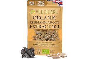 VEGISHAKE Rehmannia Root HPMC Capsules 980mg Prevent Grey Hairs Maintain Hair Colour Health Fatigue Kidney Adrenal Glands Vegan Halal Kosher (60 Capsules)