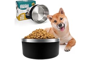 IKITCHEN Dog Bowl for Food and Water, 64 Oz Stainless Steel Pet Feeding Bowl, Durable Non-Skid Double Wall Insulated Heavy Duty with Rubber Bottom for Medium Large Sized Dogs (64 Ounces/8 Cup, Black)