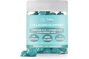 CALIU GUMMY | Gommes de Collagène 400 mg | 90 Gummies | Avec Acide Hyaluronique, Coenzyme Q10 & Vitamines C-E-D | Peau, Cheveux & Articulations | Sans Sucre | Goût Ananas | 3 Mois | Complément Beauté