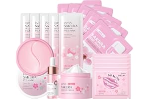 LAIKOU Kit per la Cura Della Pelle Sakura, Mini Size da Viaggio Prodotti Skincare, con Crema, Siero, Maschera Idratante, Maschera Labbra, Maschera Occhi, Maschera Detergente (18pcs)