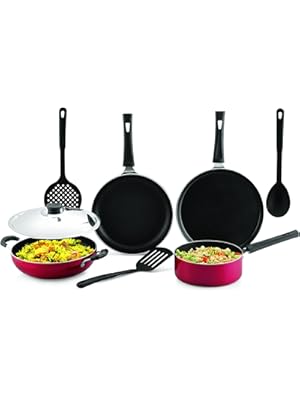 Anjali 8 pcs Cresta Nonstick Combo Kitchen Cookware Set Dosa Tawa 250mm, Fry Pan 240mm, Kadai 240mm, Steel Lid, Sauce Pan 1.6Ltr, Nylon Frying Ladle, 