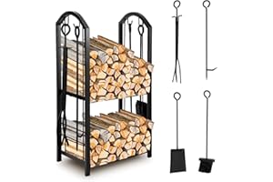 Ansobea 37x33x74cm Soporte de Madera de 2 Niveles Metálico Leñera Registro de Leña con 4 Herramientas Estantería para leña Soporte para Leña para Interiores y Exterior
