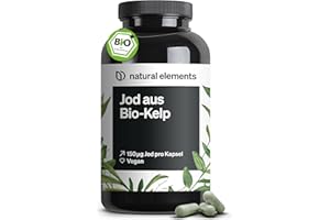 ‎NATURAL ELEMENTS natural elements Jod aus Bio-Kelp – 365 Kapseln – 150µg Jod aus Braunalgen – Bio-Qualität für die Schilddrüse – vegan, hochdosiert, ohne unnötige Zusätze – in Deutschland produziert & laborgeprüft