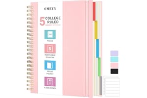 OMEYA A5 Notebook, Lined Notebook with Removable Dividers, 300 Pages 100GSM Thick Notepad, Small Spiral Writing Journal Notebook for Women Men, 5 Subject Notebooks for Work Office School, 15.8 x 21.5cm,Pink