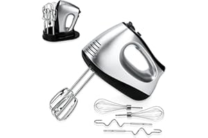 Lychee Fouet électrique anti-éclaboussures, 5 vitesses avec bouton turbo, avec base de rangement, 6 accessoires en acier inoxydable, fouet électrique pour la cuisson de cuisine, 300 W