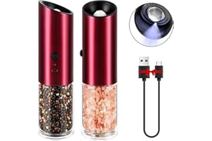 Vzaahu Molinillo Eléctrico de Sal y Pimienta, Juego de 2, Recargable por USB, Grosor Ajustable, Color Rojo, Funciona con Pilas, Molinillo Eléctrico de Especias con Luz