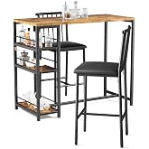 Xbro Bar Table with 2 Padded Chairs, Dining Table Set with 3 Shelves and Wine Rack, Space Saving Kitchen Table for Kitchen, L