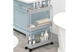 ‎SPACEKEEPER SPACEKEEPER Rollwagen mit 3 Ebenen, Küchenwagen, Nichenregal auf Rollen, Allzweckwagen mit 6 Haken und 2 Behälter für Küche, Bad, Grau