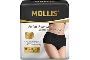MOLLIS Bragas Menstruales Desechables para la Regla Mujer Postparto Ropa Interior Antifugas Flujo Abundante Negro Talla L/XL 8 Unidades